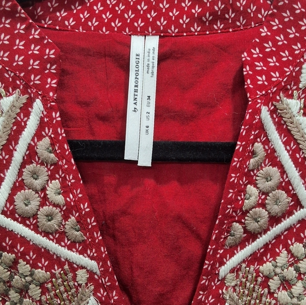 Anthropologie~Keira~Embroidered Red~ Peplum Blouse~Bohemian Boho~Hippie~ US2 UK6 - Picture 3 of 11